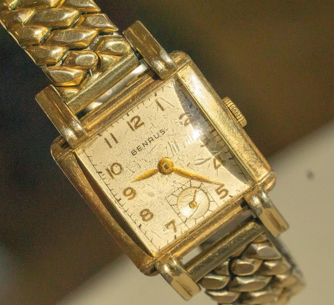 Vintage Working Art Deco Benrus 17 Jewels 10k Rolled Gold Plate Watch Tank 25mm