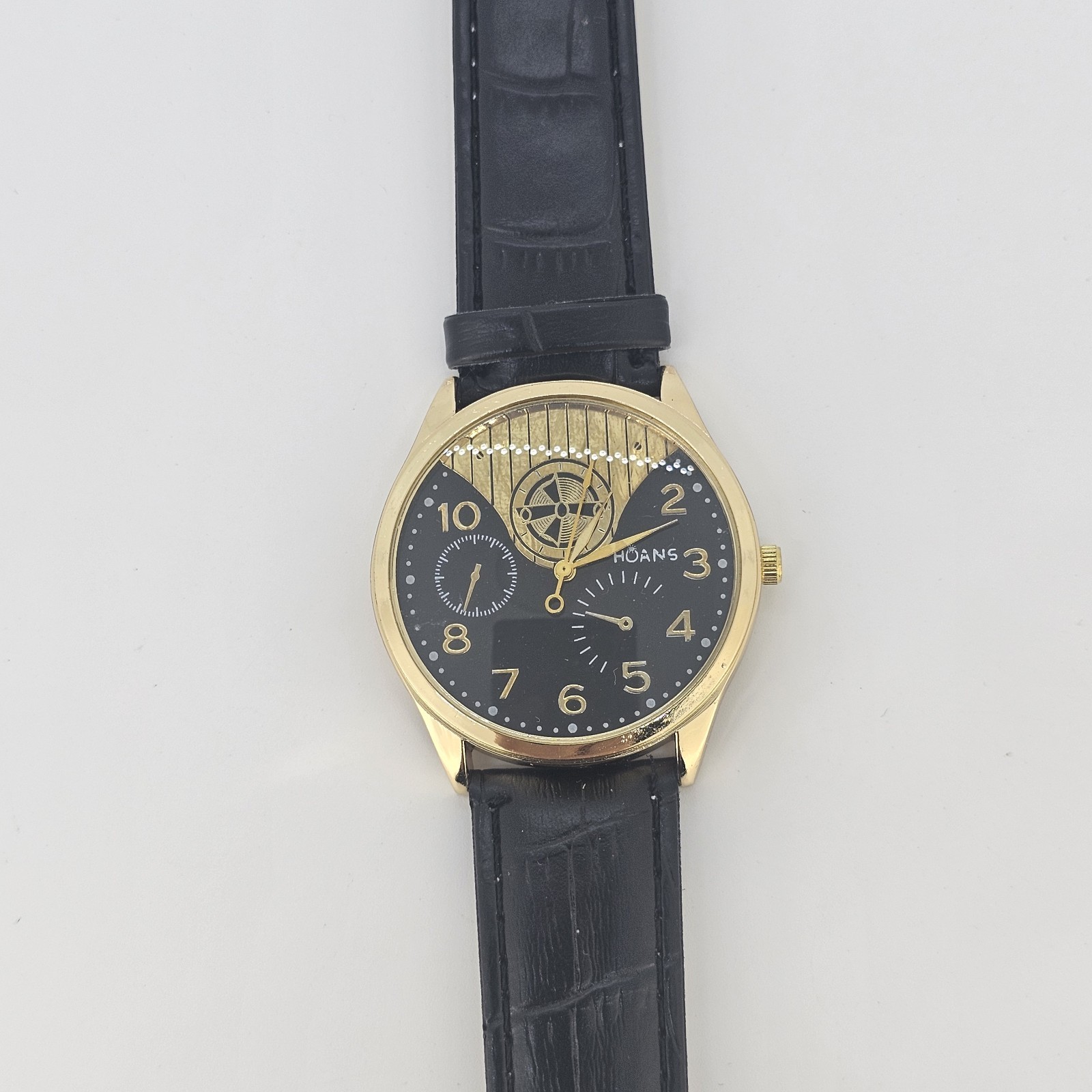 Men’s Analog Watch 38MM Black Dial Black Faux Leather Bands New Battery