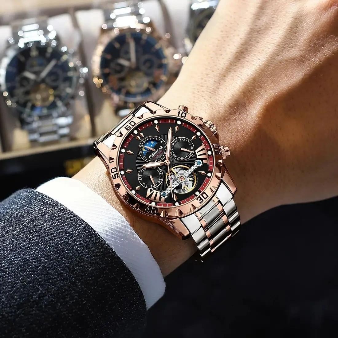 43MM POEDAGAR Automatic Luxury Watch Men’s Waterproof Stainless Steel Analog NEW