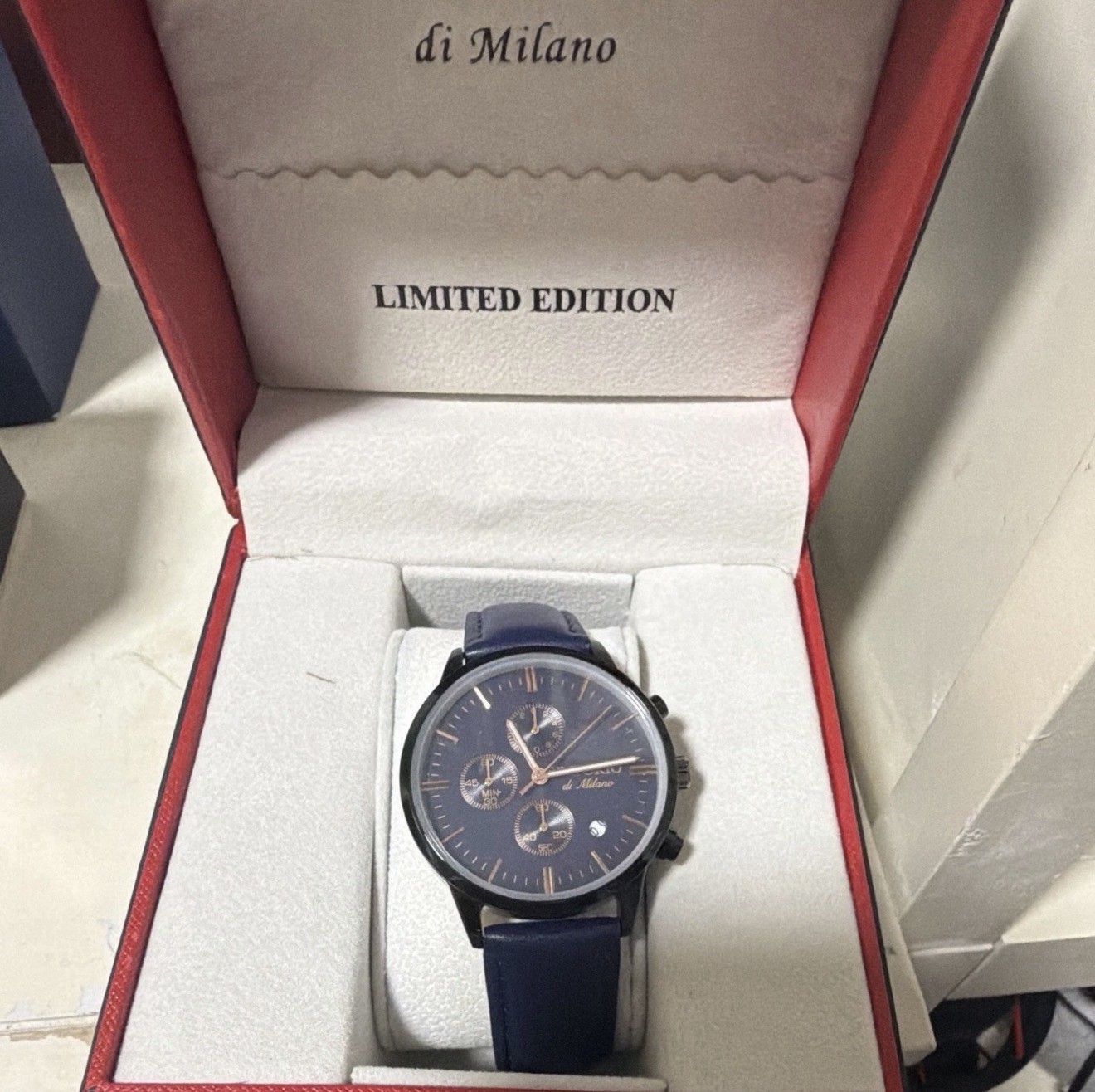 di Milano Limited Edition Chronograph Quartz Watch Blue Dial Black Case Box