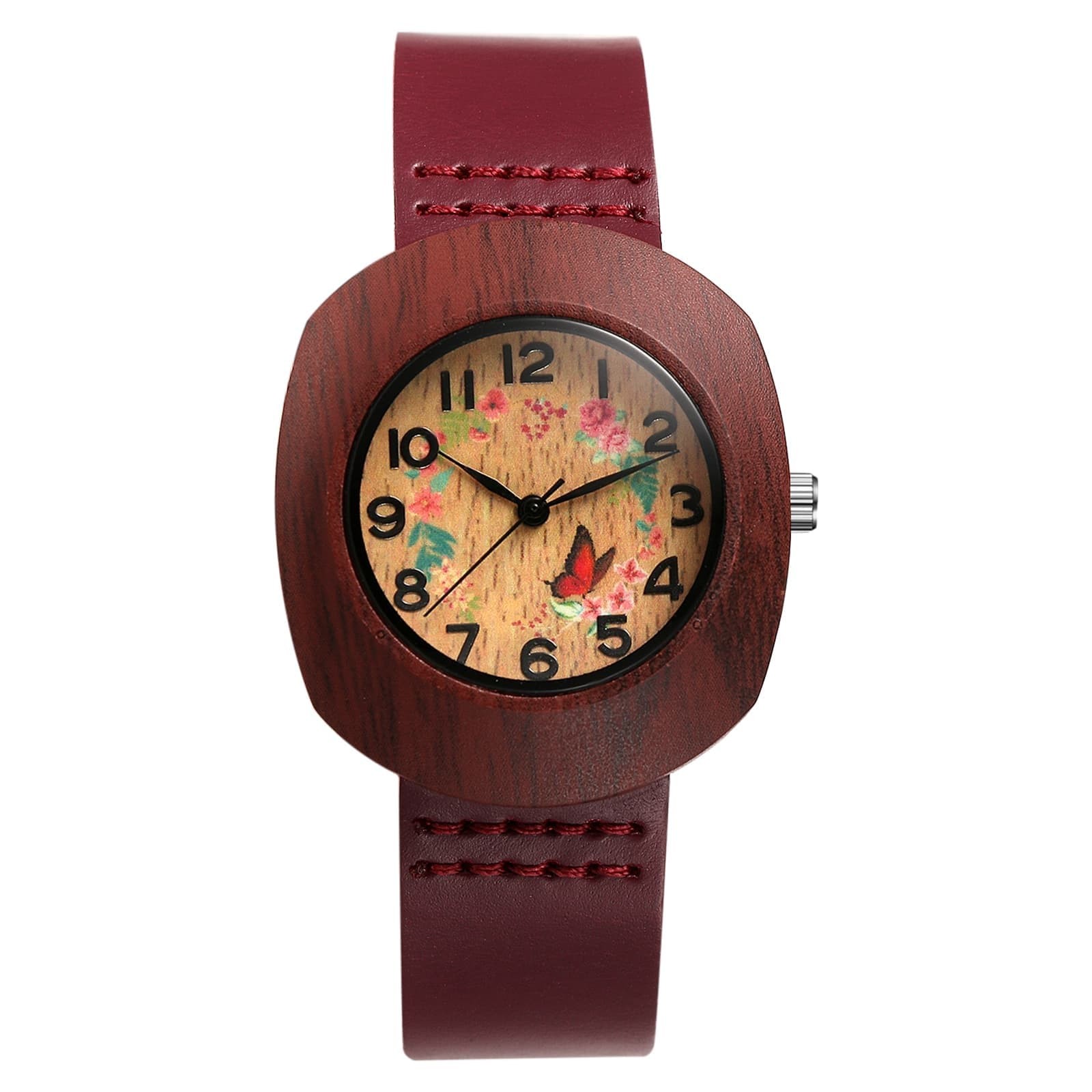 Women’s Floral Barrel Case Arabic Numeral Dial Genuine Leather Band Wrist Watch