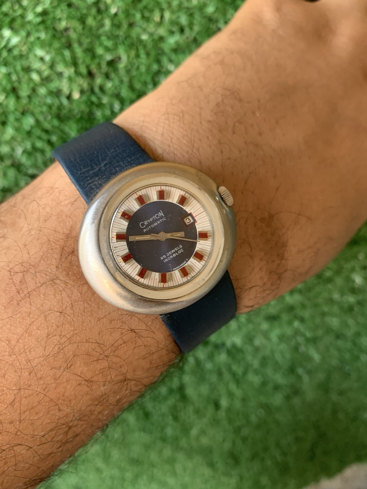 Crypton Automatic Mechanical Watch 25 Jewels Date Blue 37mm 1970s Vintage Red