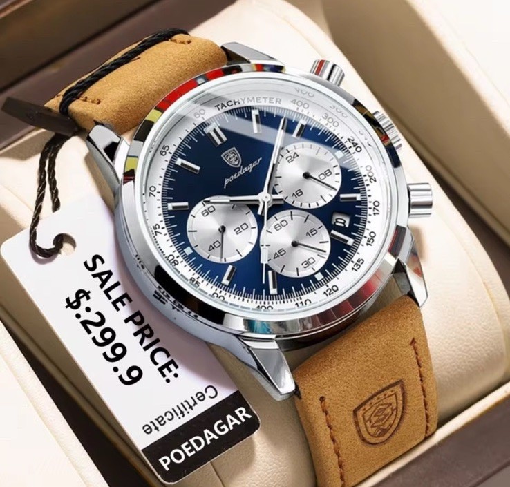 POEDAGAR Men’s Quartz Chronograph Watch Blue Dial Date Brown Leather Strap