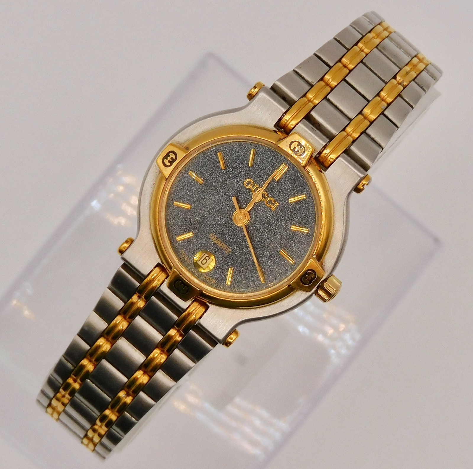 GUCCI 9000L Black Dial Two Tone Quartz Date Ladies Watch Gold