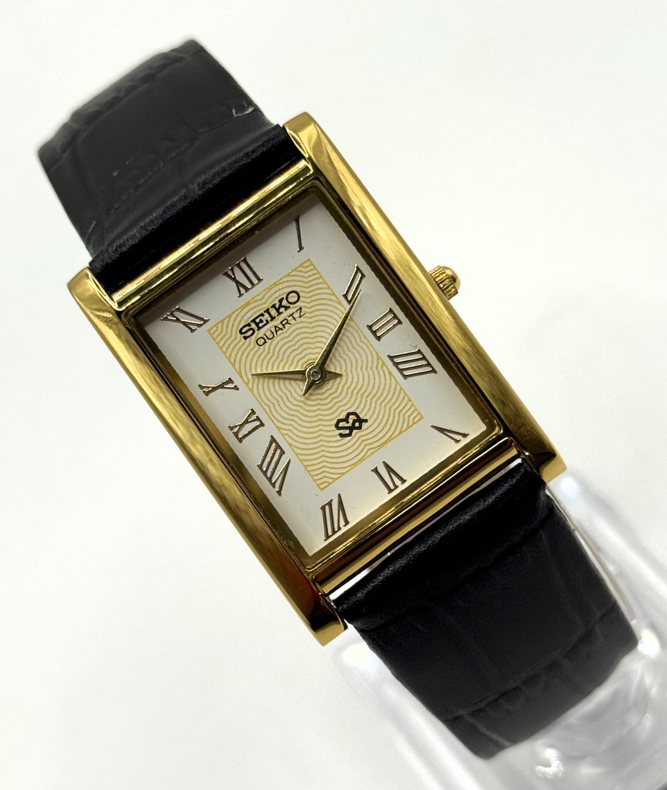 Vintage Refurbished Seiko Rectangular White Dial Black Faux Leather Strap