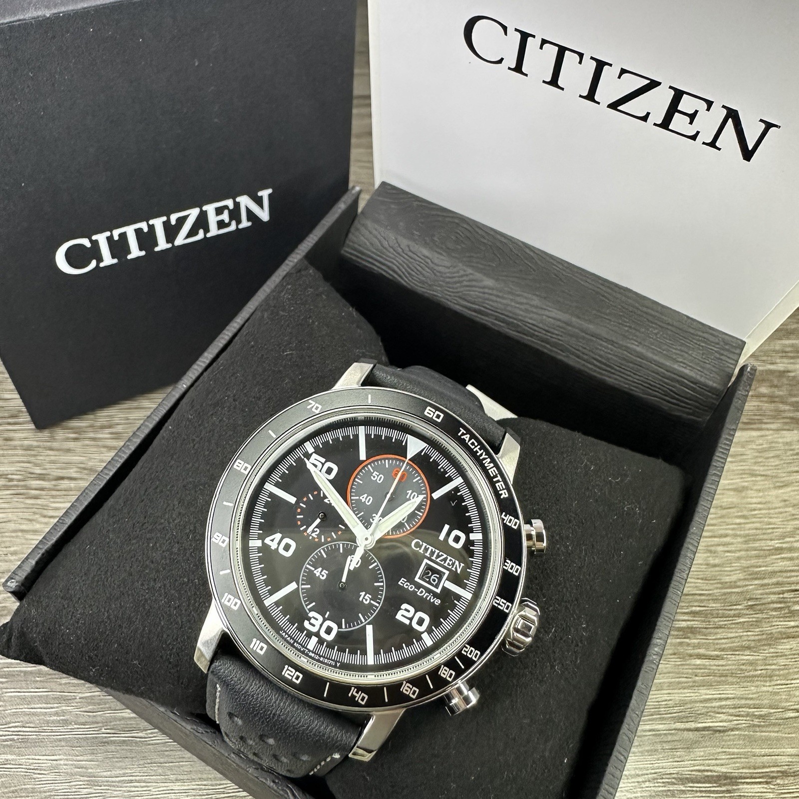 NEW✅TACHYMETER✅ Citizen Eco-Drive Brycen Black Leather Men’s Watch CA0649-14E