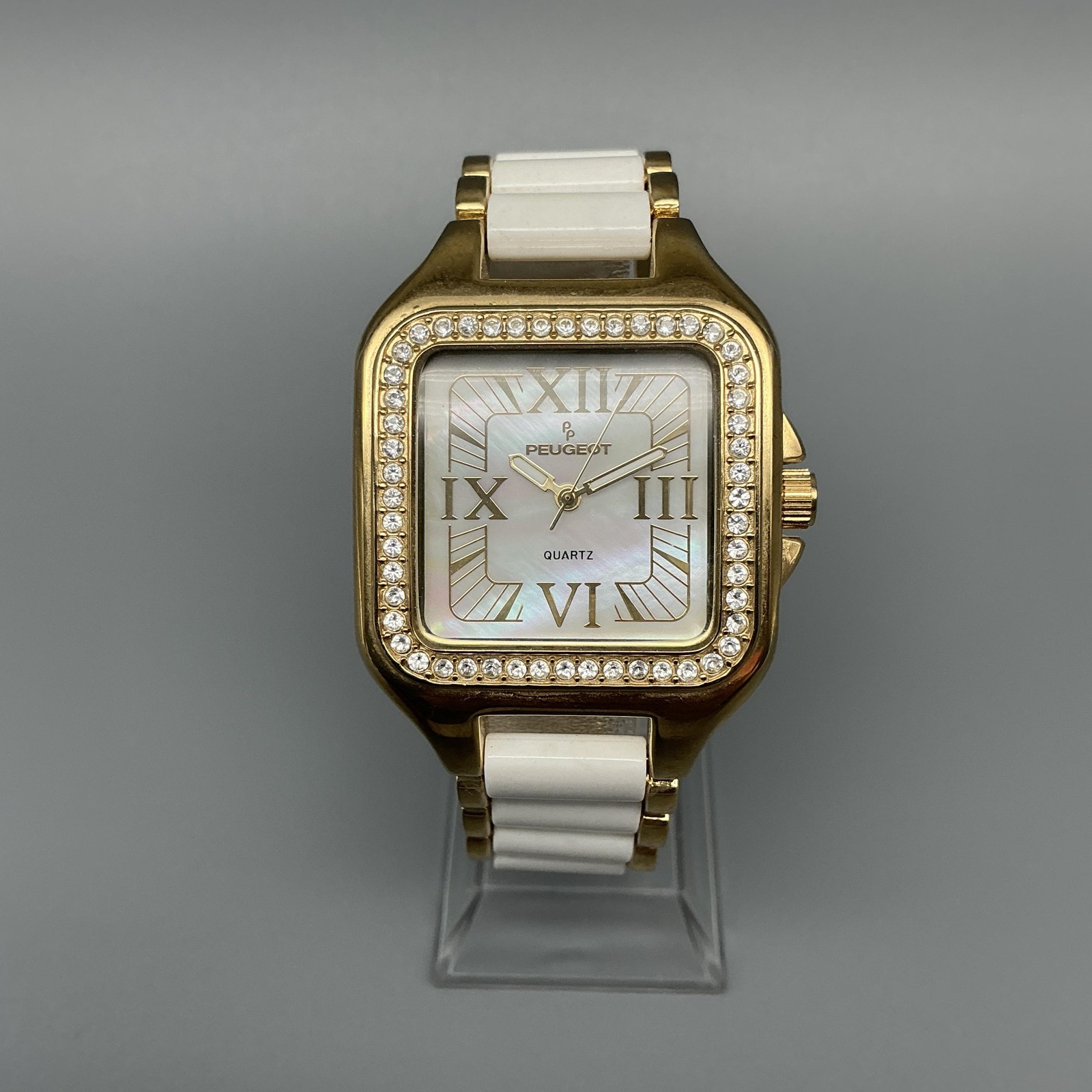 Peugeot Womens Watch 35mm Gold Tone MOP Crystal Bezel New Battery 7.25″