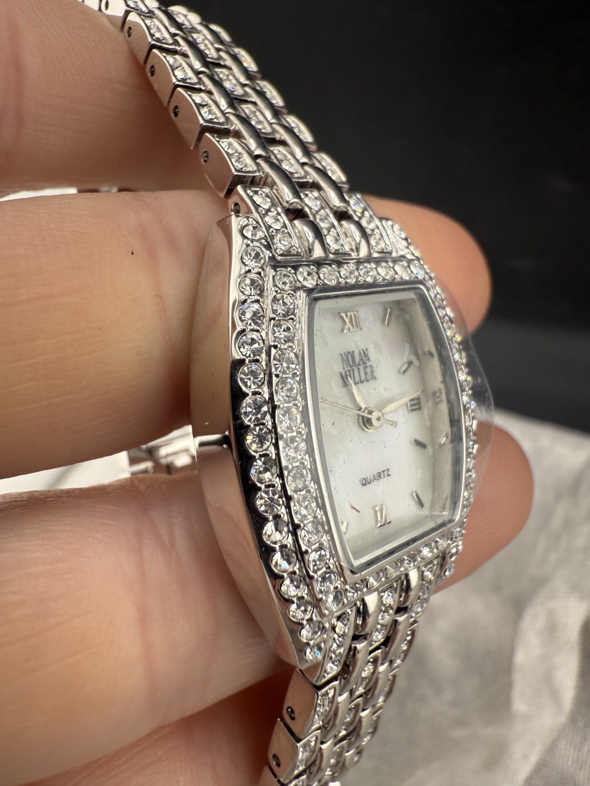 Nolan Miller Watch Woman Pave Analog Silver Tone Snap Signed NEEDS BATTERY