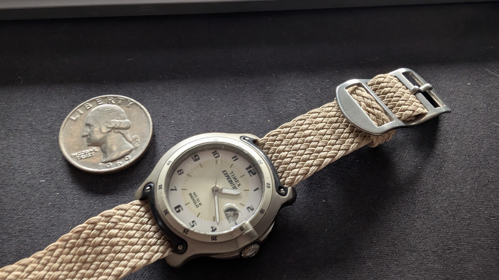 Timex Expedition WR50M Indiglo Date Cream Dial One-Piece Strap Watch