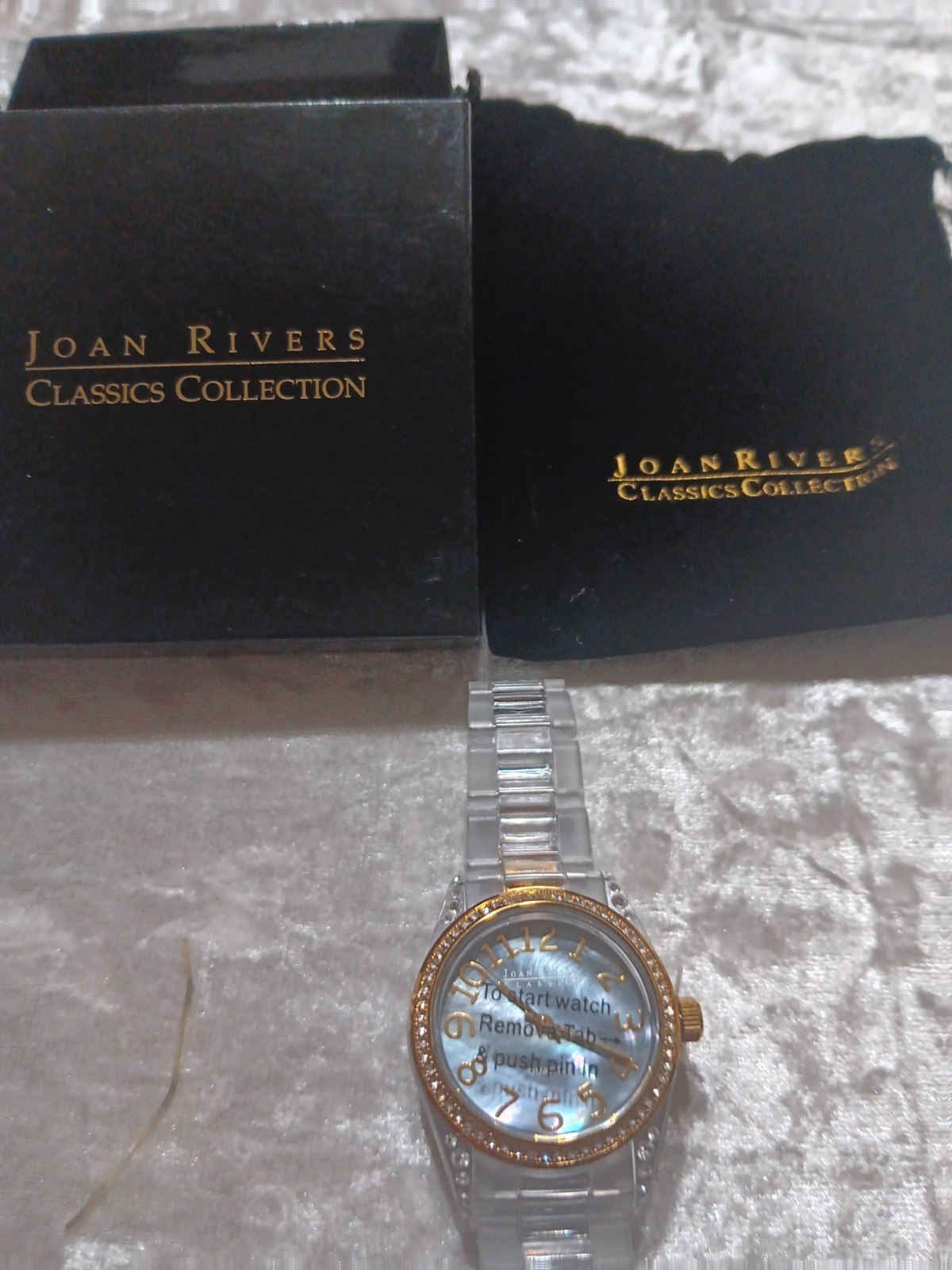 NIB Joan Rivers Classic Collection Clear Acrylic Crystal Watch Blue MOP working