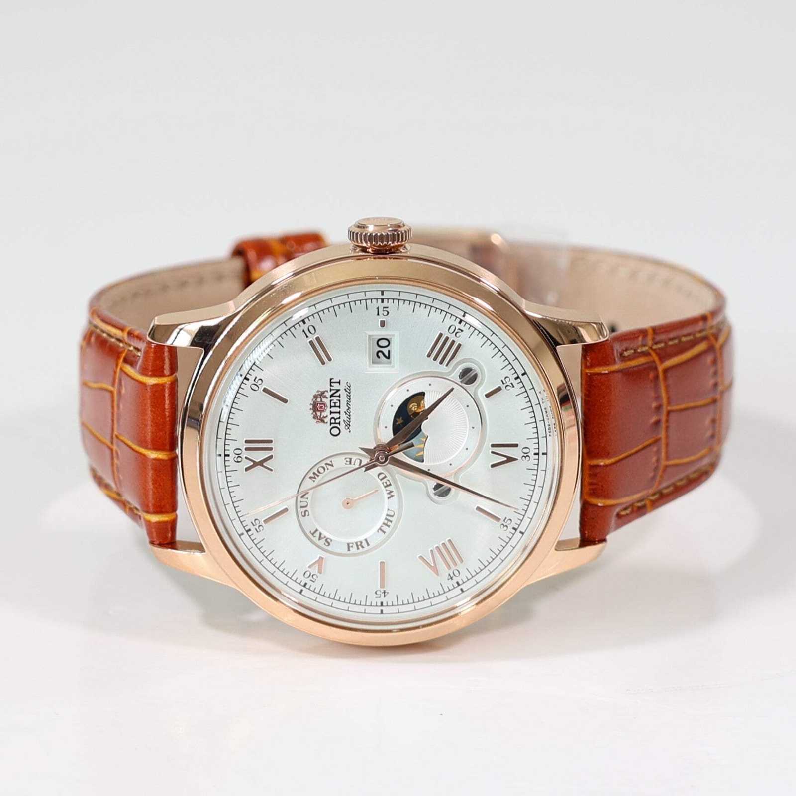 Orient Sun and Moon White Dial Men’s Automatic Rose Gold Tone Watch RA-AK0801S30