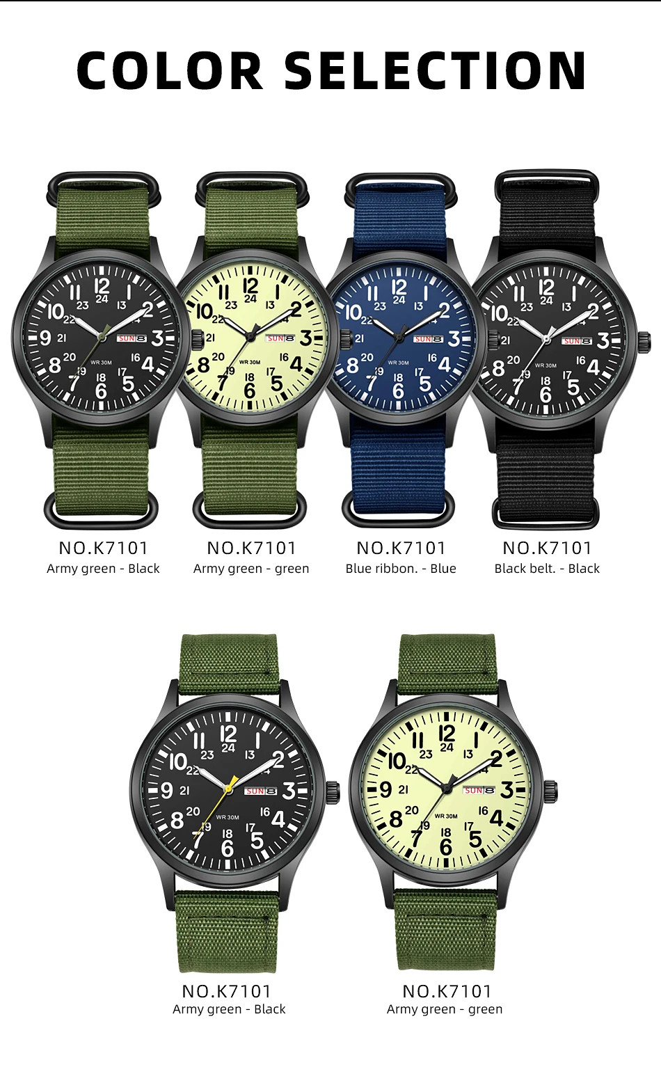 TPW Field Watch Quartz Movement Easy Read Dial 24 Hour Display Fabric Strap