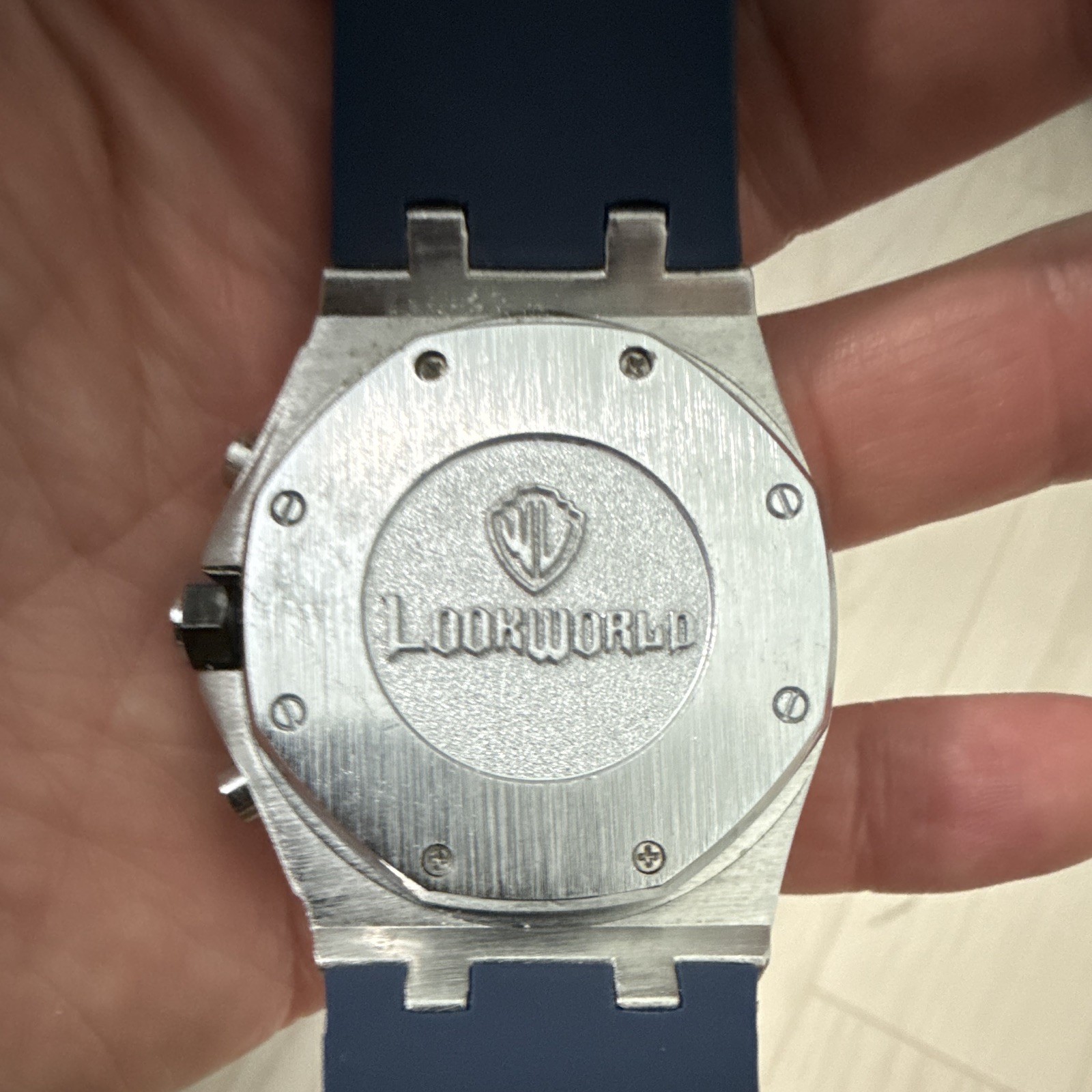 Lourworld Octagon Chronograph Quartz Watch 44mm Blue Dial Silver Rubber Band