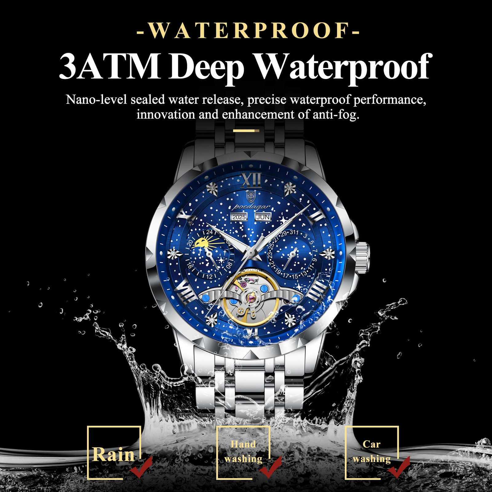 Luxury Men’s Steel Automatic Mechanical Watch, Tourbillon and Case