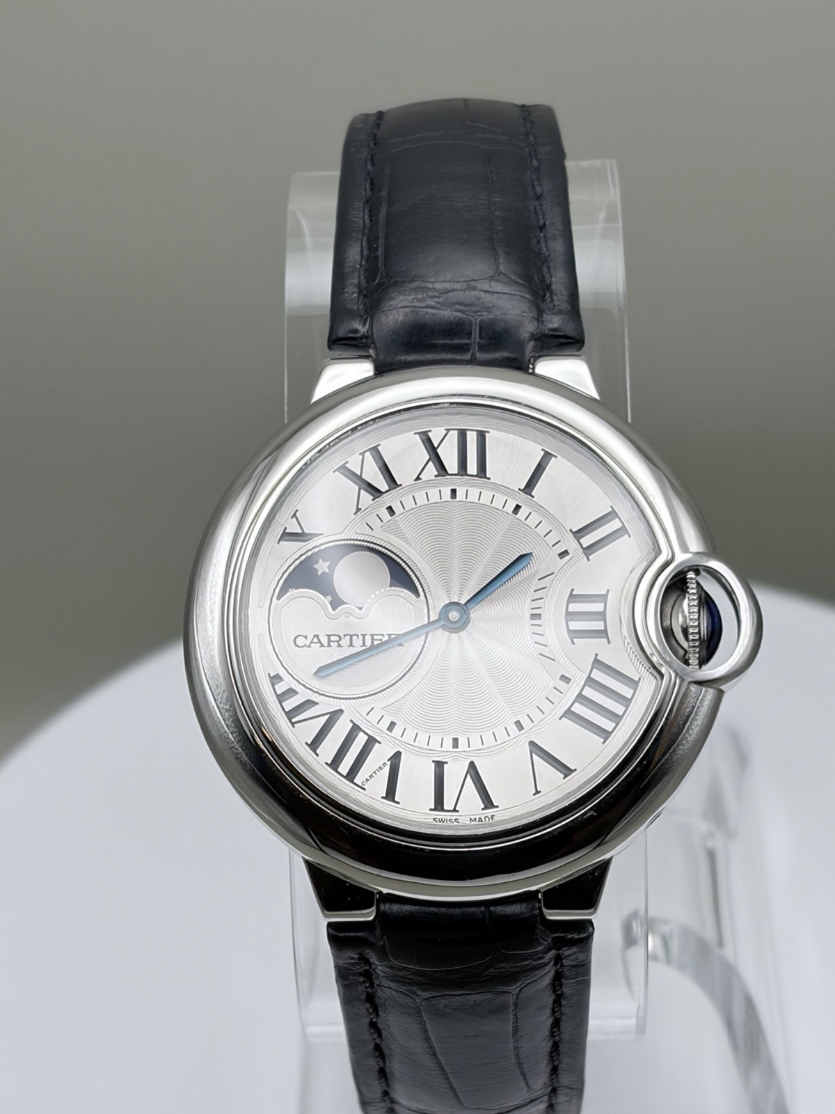 Cartier Ballon Bleu Moon Phase Automatic Swiss Steel Silver Dial Black Strap