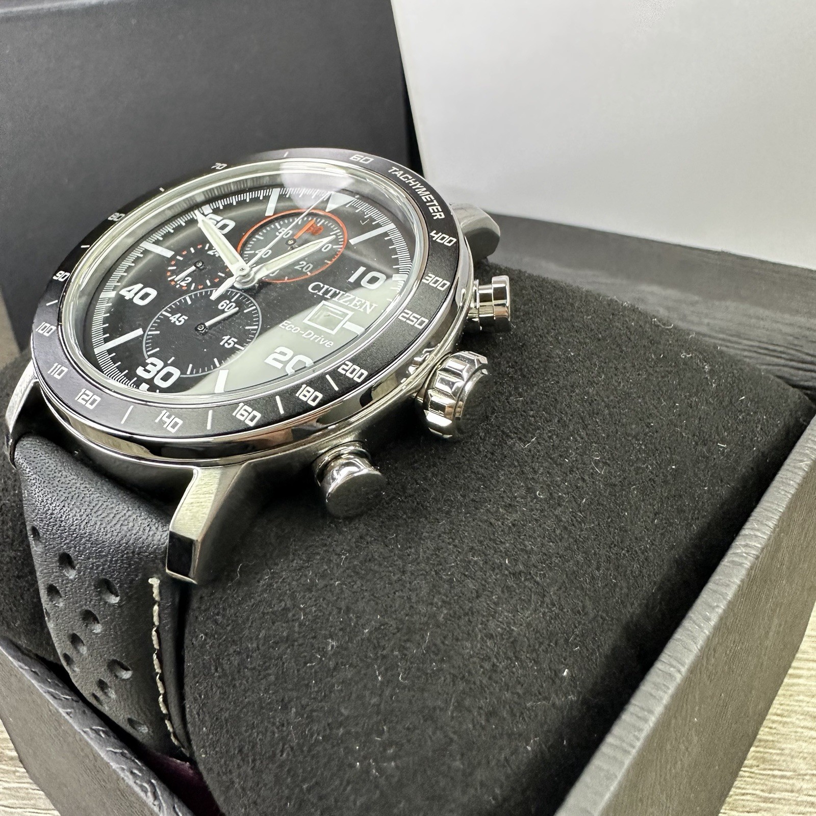 NEW✅TACHYMETER✅ Citizen Eco-Drive Brycen Black Leather Men’s Watch CA0649-14E