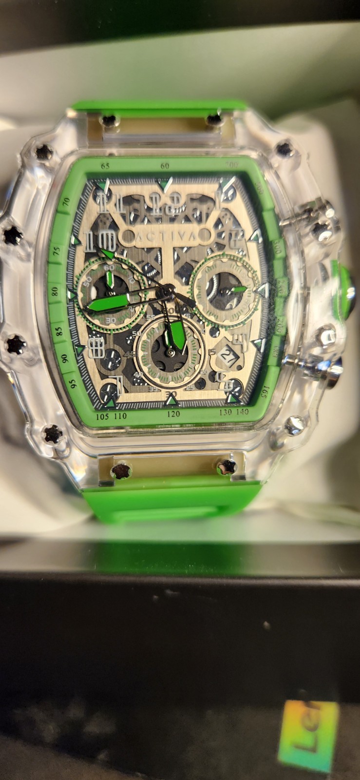 ACTIVA Men’s Quartz Chronograph Date Skeleton Dial Green Rubber Clear Case