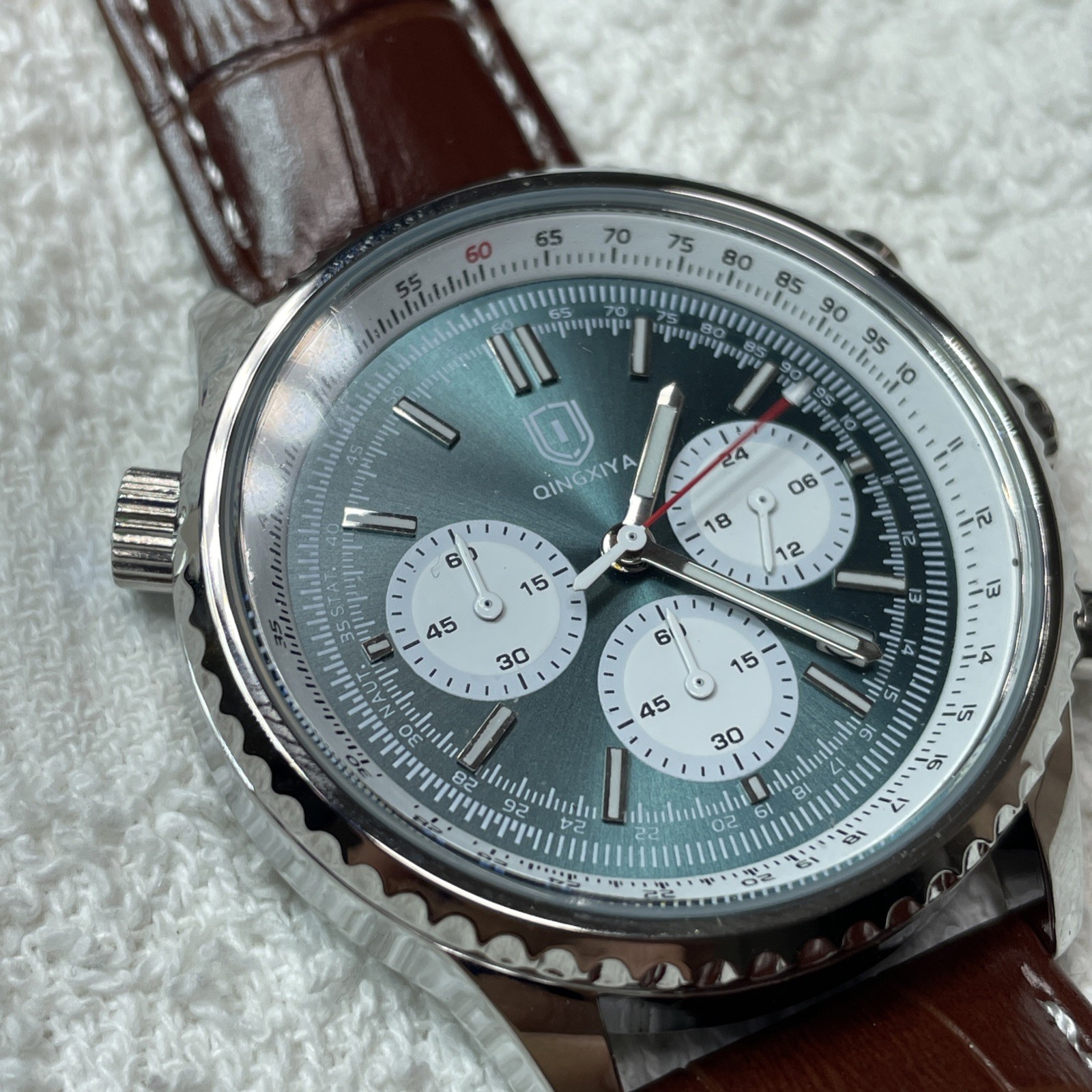 43MM QINGXIYA Men’s Chronograph Watch Leather Strap Tested USA ships
