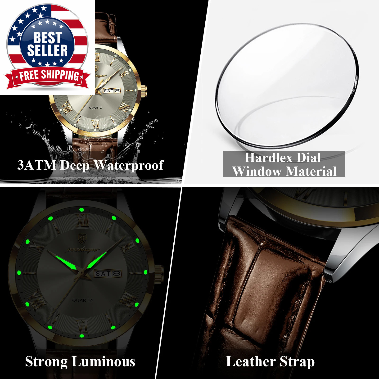 Original Fashion Watch for Man Leather Date Week Quartz Men Watch Waterproof Lum