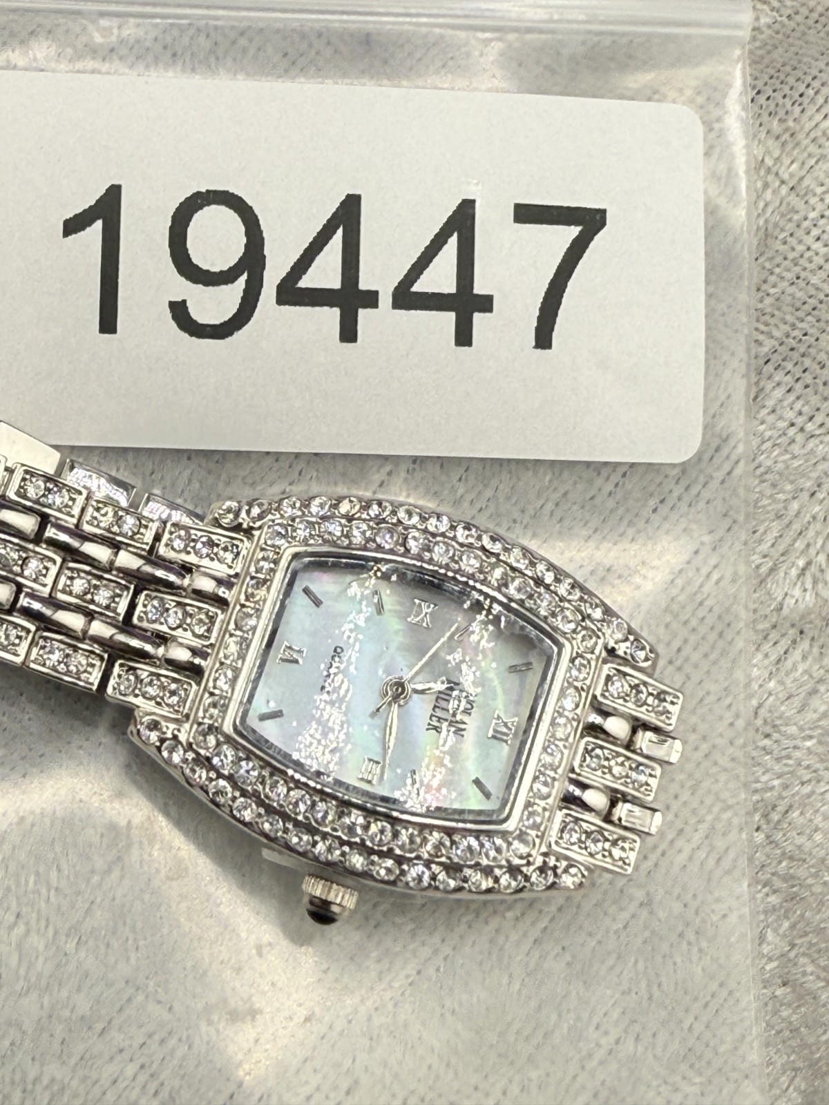 Nolan Miller Watch Woman Pave Analog Silver Tone Snap Signed NEEDS BATTERY