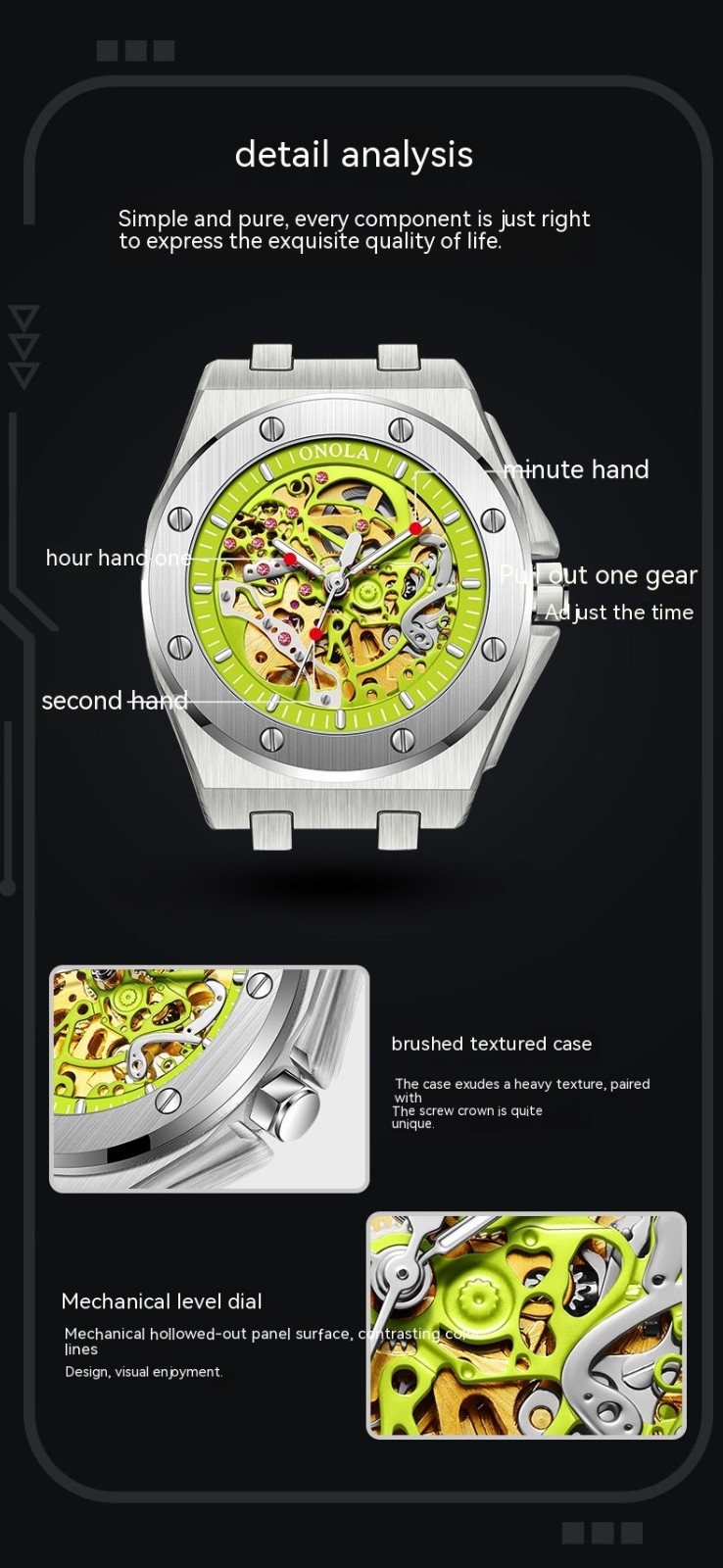 ONOLA Sports Men Wristwatch Waterproof Automatic Mechanical Watches Luminous