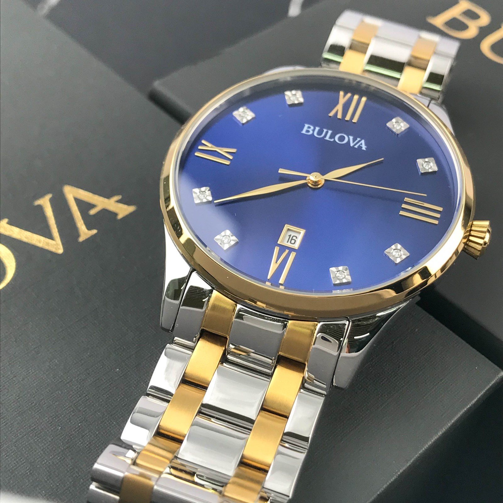 Bulova Classic 98D130 Men’s Diamond Accent Two-Tone Blue Dial 40mm Quartz Watch
