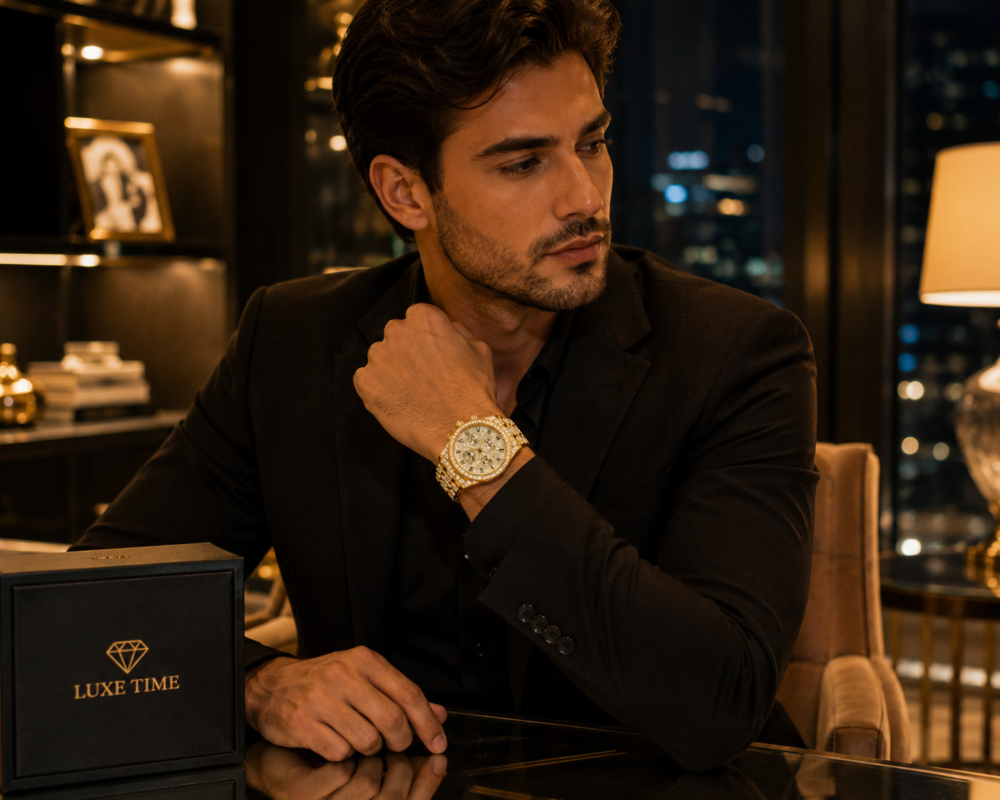 Luxury Gold Plated Triple Dial Quartz Watch with Rhinestones for Men