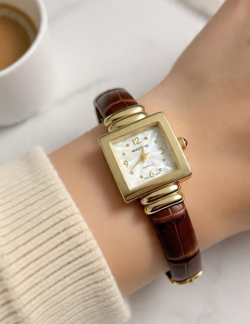 Vintage Gold Square Watch Brown Leather Mother of Pearl MOP Dial Dainty Minimal