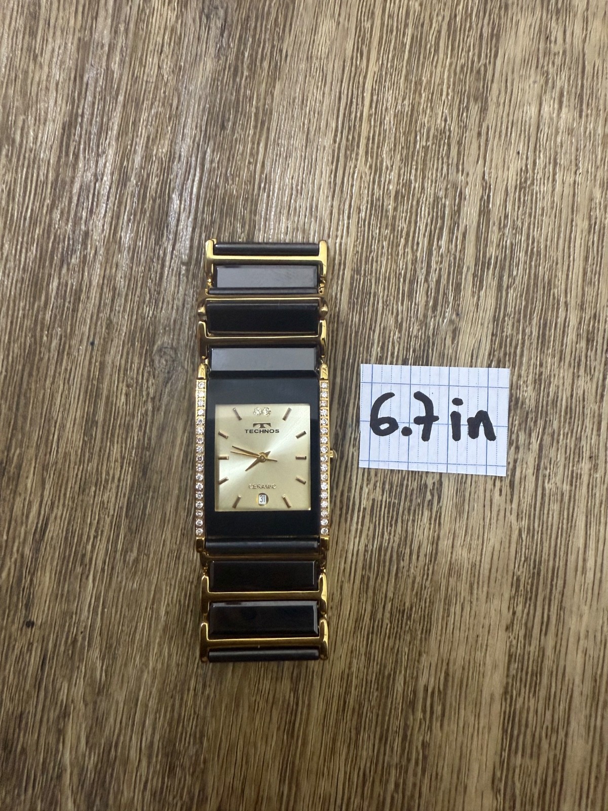 Vintage TECHNOS Ceramic Gold Tone Black Ceramic Diamond Accent Rectangular Quart