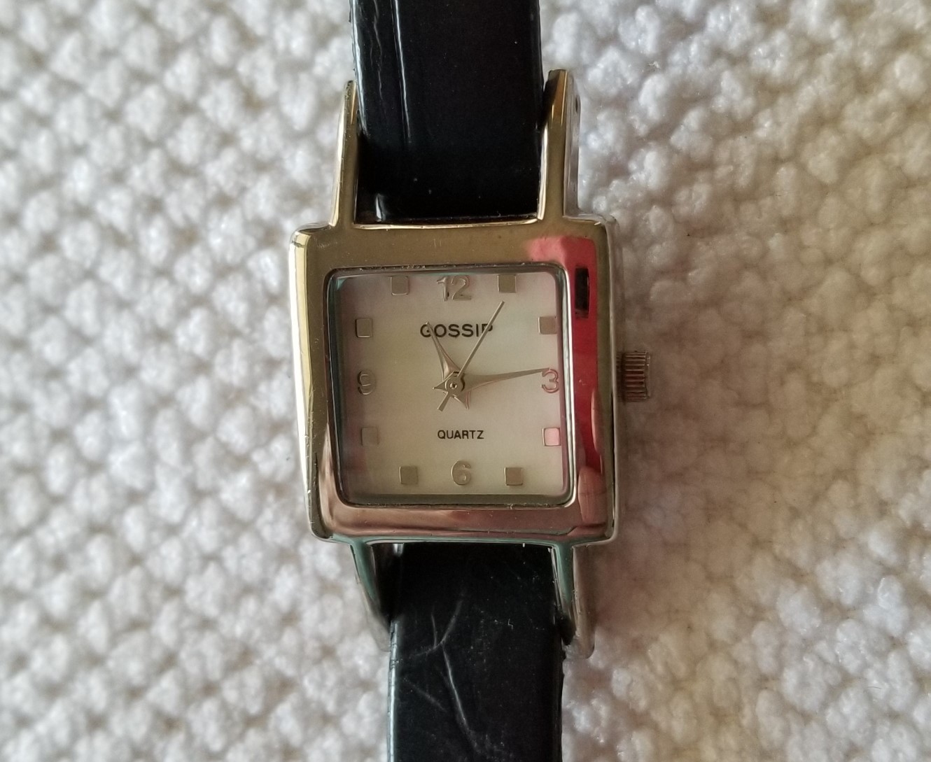 Gossip Silver Tone Watch MOP Dial Black Faux Leather Band 5″-7″ New Battery