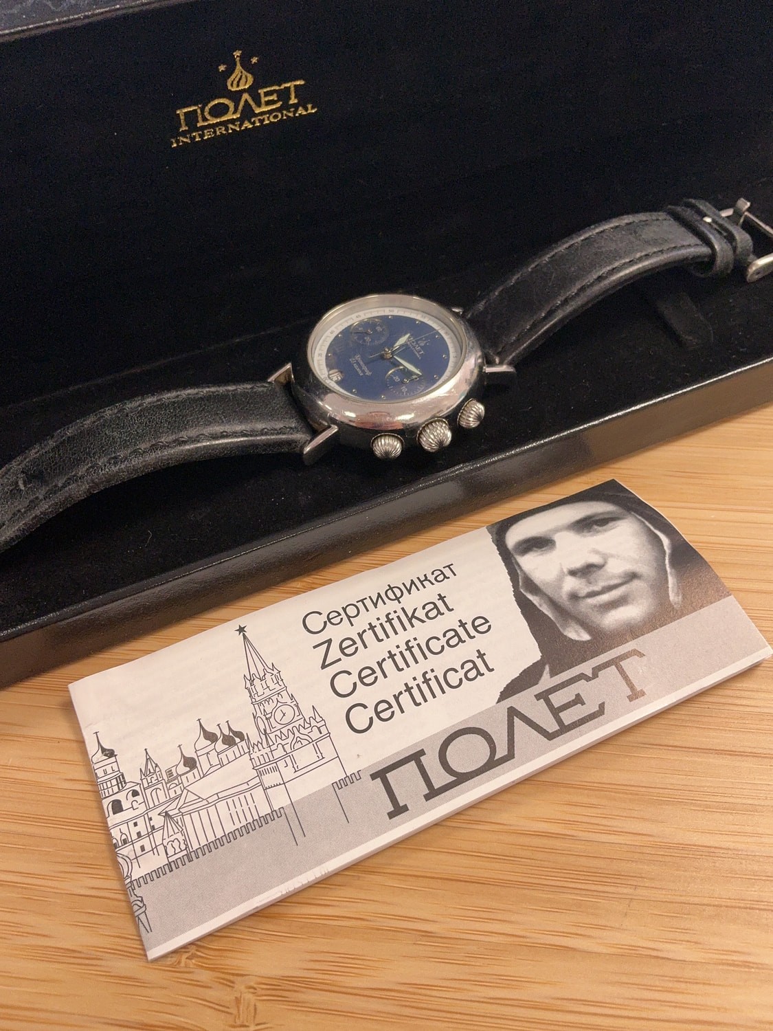 Vintage Poljot 3133 Model International Round Chrono Blue Dial Mechanical Watch