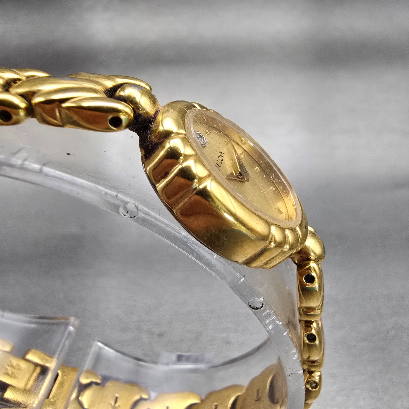 Bulova Watch Women 16mm Gold Dial Gold Tone Oval Diamond Accent New Battery VTG