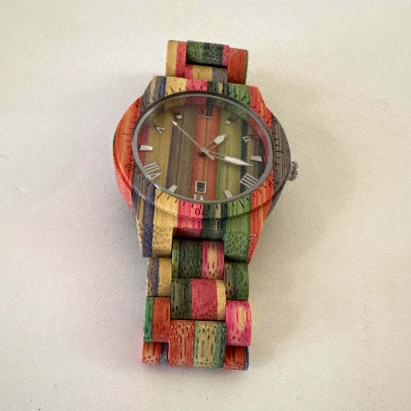 Multicolor Wood Analog Quartz Wristwatch w/ Date, Round Dial, Bracelet, Box