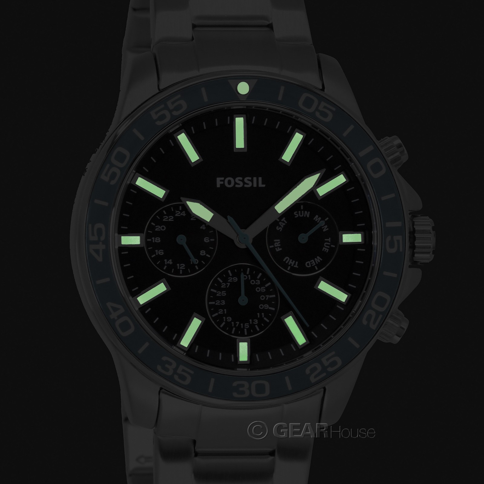 FOSSIL Bannon Mens Multifunction Watch, Black Blue Dial, Stainless Steel Band