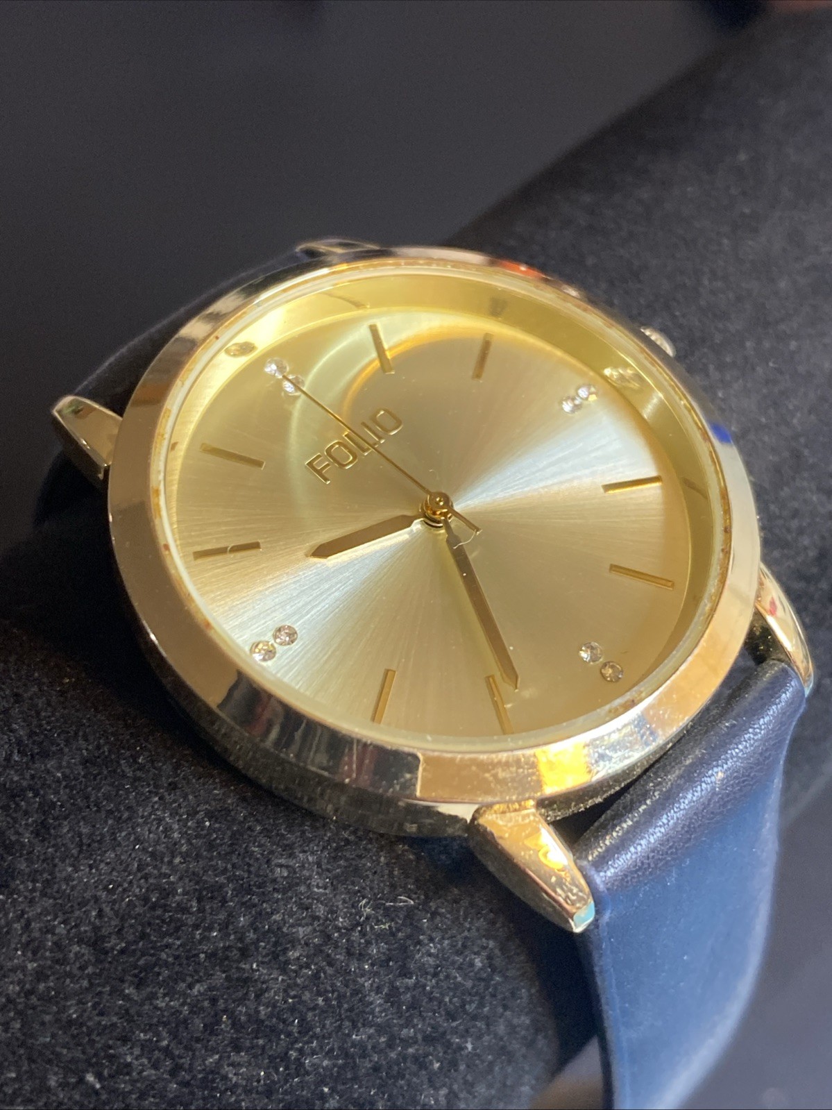 Folio Gold Tone Faux Leather Band Gemmed Men’s Watch New Battery