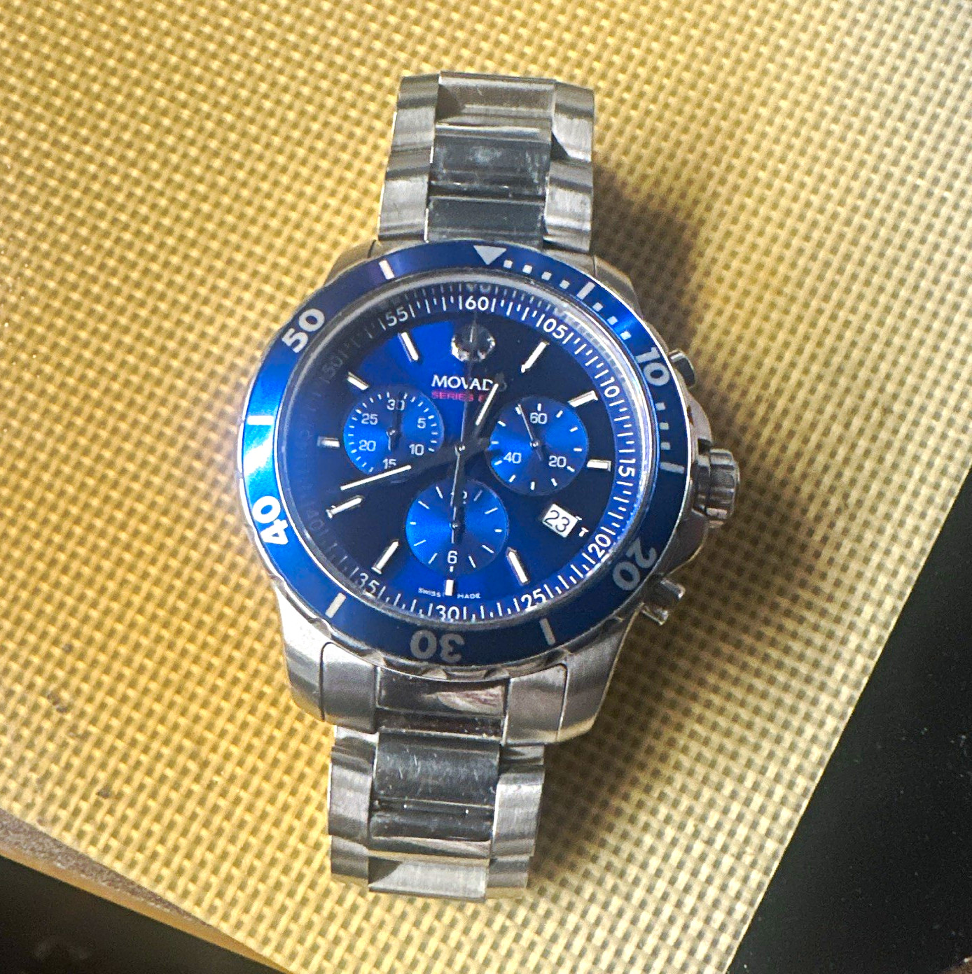 Movado Series 800 Men’s Blue Dial Quartz Chronograph Date 200m Steel Watch