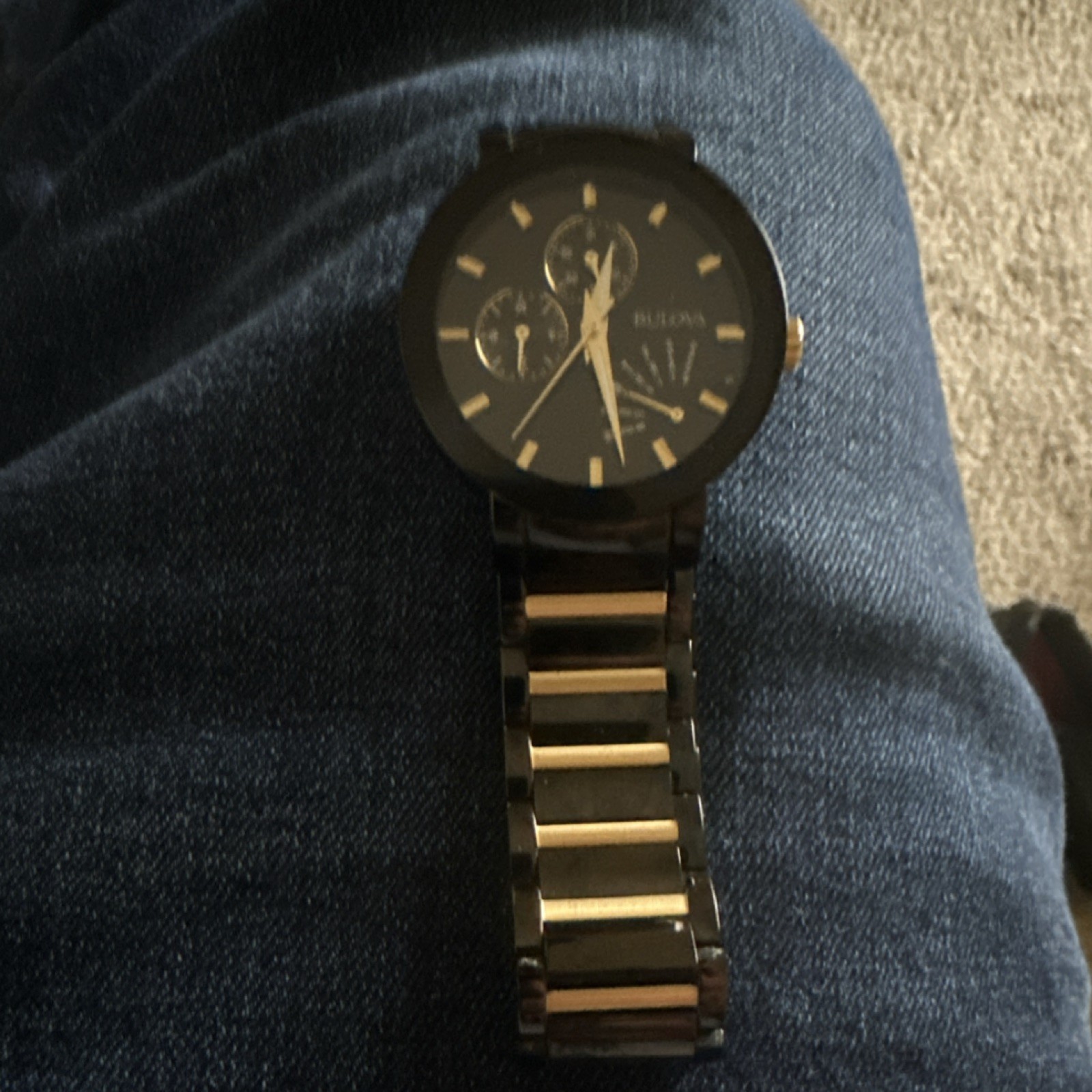 Bulova Black Gold Chronograph Metal Bracelet Analog Watch Stick Indexes