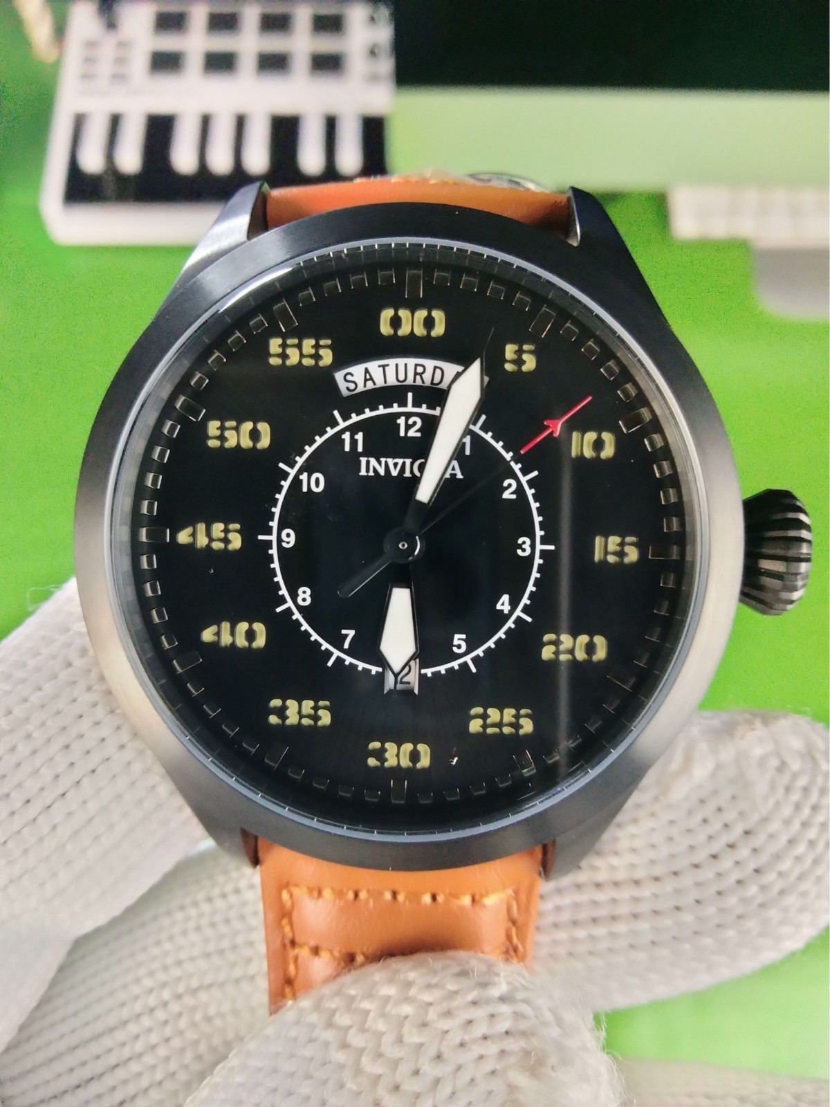 Invicta Aviator 22974 Men Black Case & Dial Tan Leather Strap Quartz Watch 45 mm