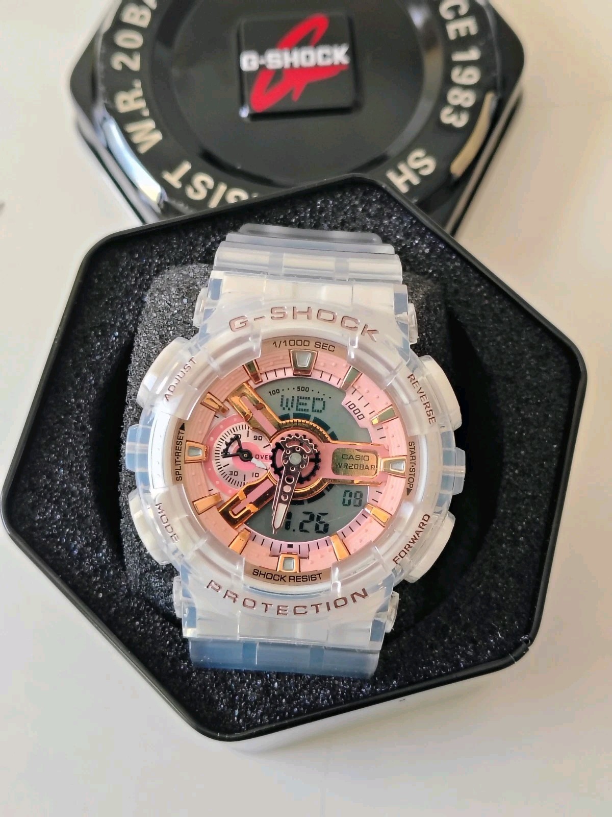 Casio G-SHOCK Analog-Digital Clear Resin Pink/Gray Dial 200m Quartz w/ Tin