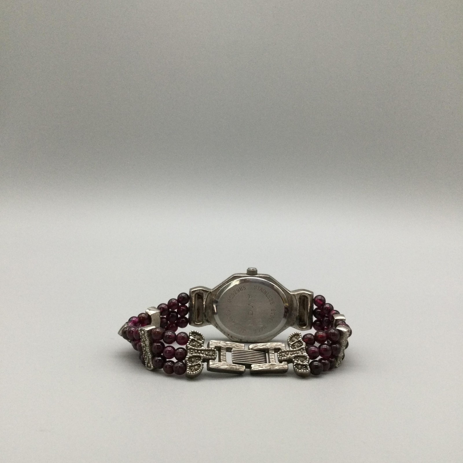 Avon Womens Watch 23mm Marcasite Red Bead Bracelet Silver Tone New Battery 6.5″