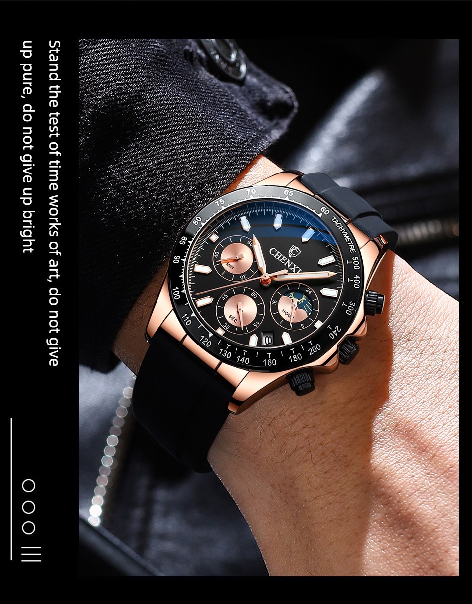 CHENXI Men’s Rose Luminous Calendar Chronograph Moon Phase Business Quartz Watch