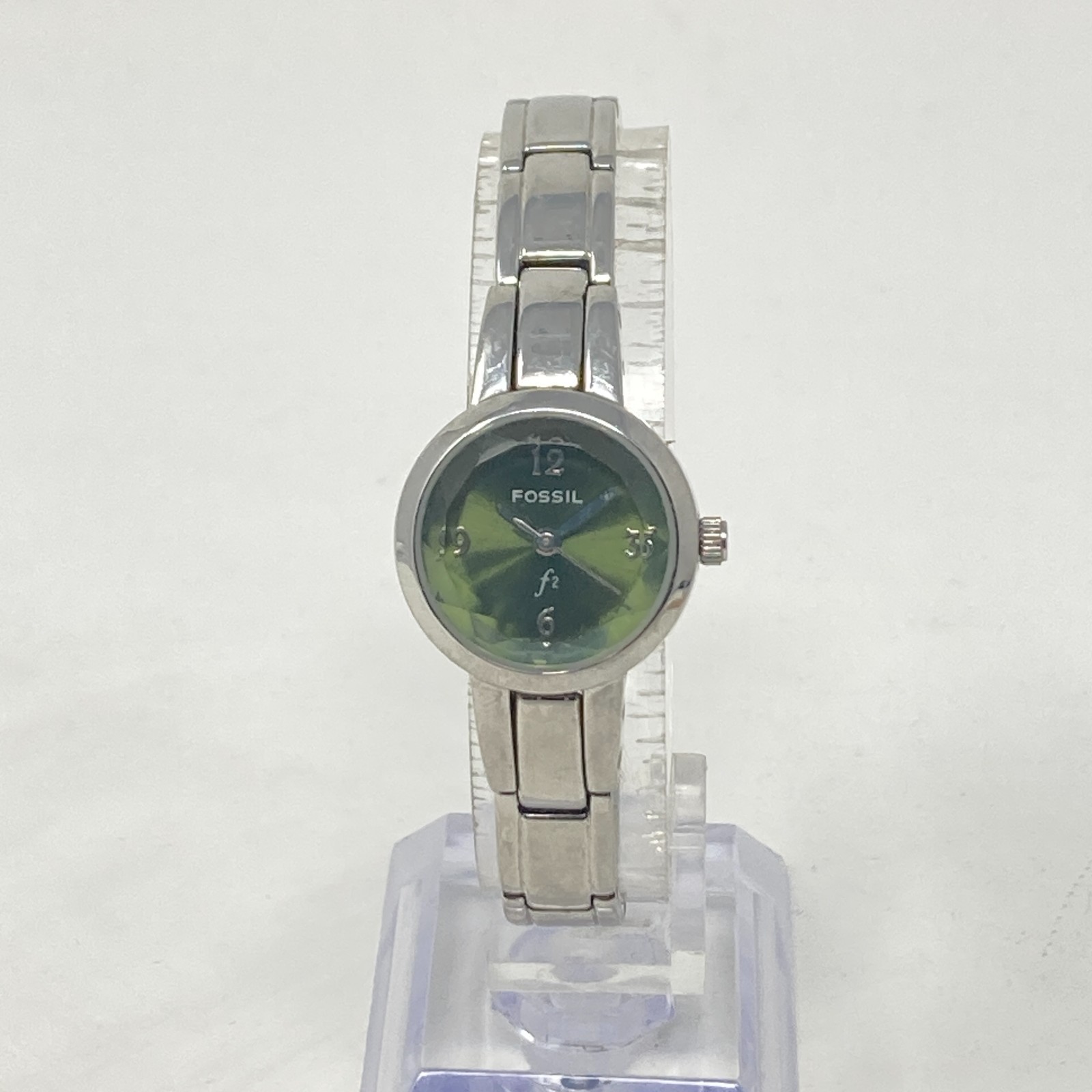 Fossil F2 Womens Watch 22mm Silver Tone Green Dial Faceted WR New Battery 6.25″
