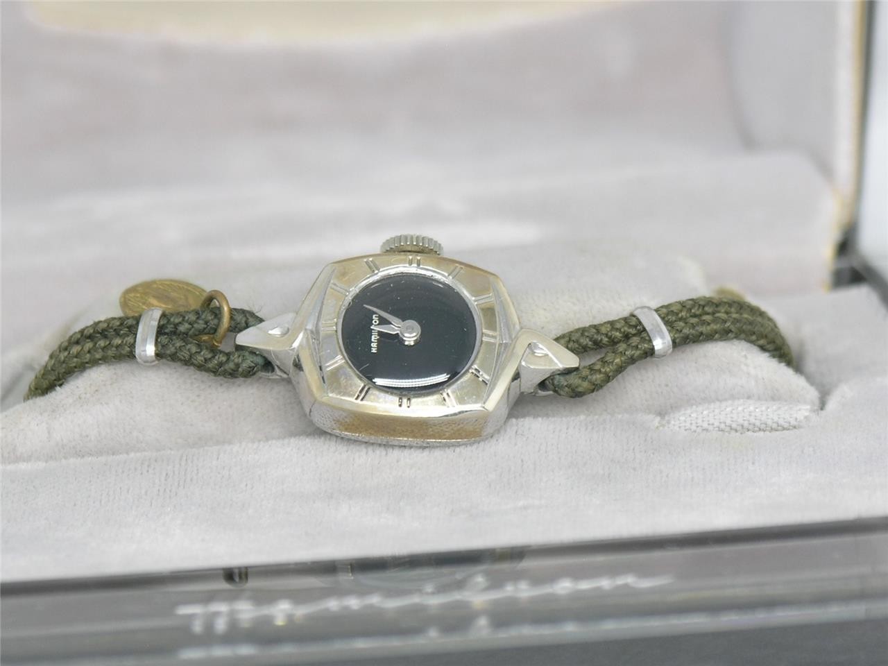 MID-CENTURY 1950’S 10K WHITE GOLD FILL HAMILTON WATCH W/ ATOMIC BOX, RUNNING!