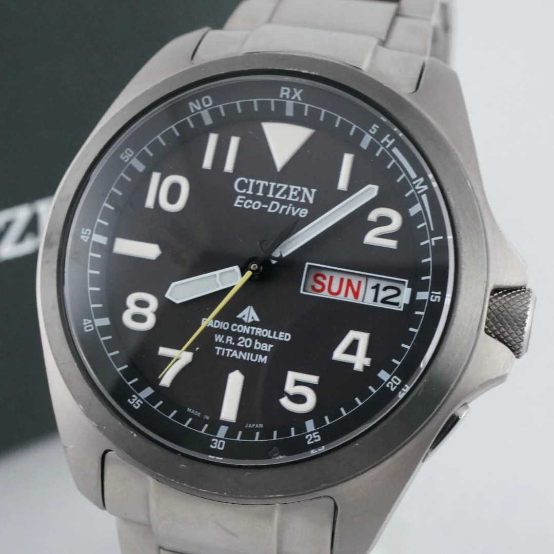 CITIZEN PMD56-2952 Eco-Drive Solar Titanium Black Dial Gray Band Radio WR 20 Bar