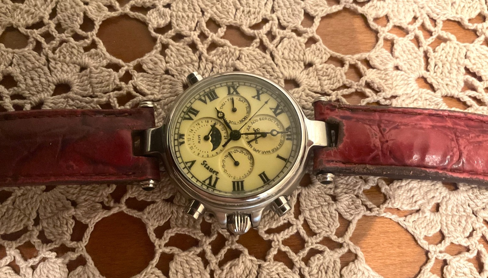 Stauer Graves ‘33 Watch Cream Dial Silver Case, Moon Phase, Auto, New Strap Incl