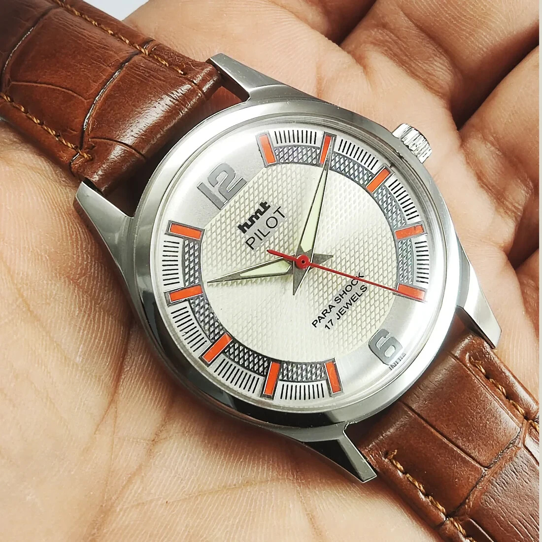 HMT Pilot Pearl Dial 17 Jewels Mechanical Handwinding Skeleton Back Wrist Watch
