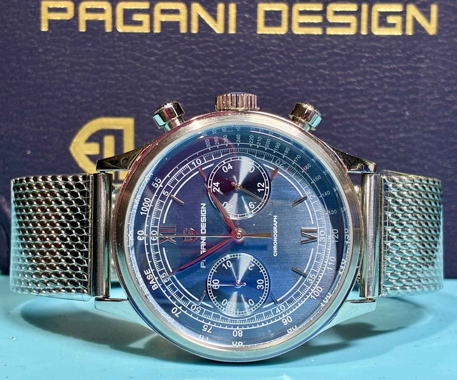 PAGANI DESIGN 40MM CHRONO VINTAGE STYLE BLUE BICOMPAX DIAL SEIKO VK64 QUARTZ