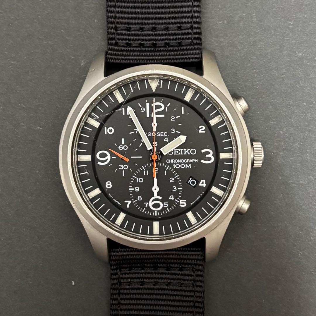 SEIKO SNDA65 7T92 Chronograph Military Black Dial 10Bar Watch Working Nylon