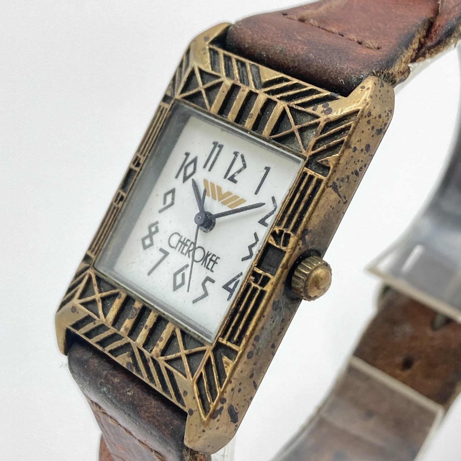Vintage Cherokee Unisex Watch Brass Tone Leather Art Deco 23mm New Battery 9″