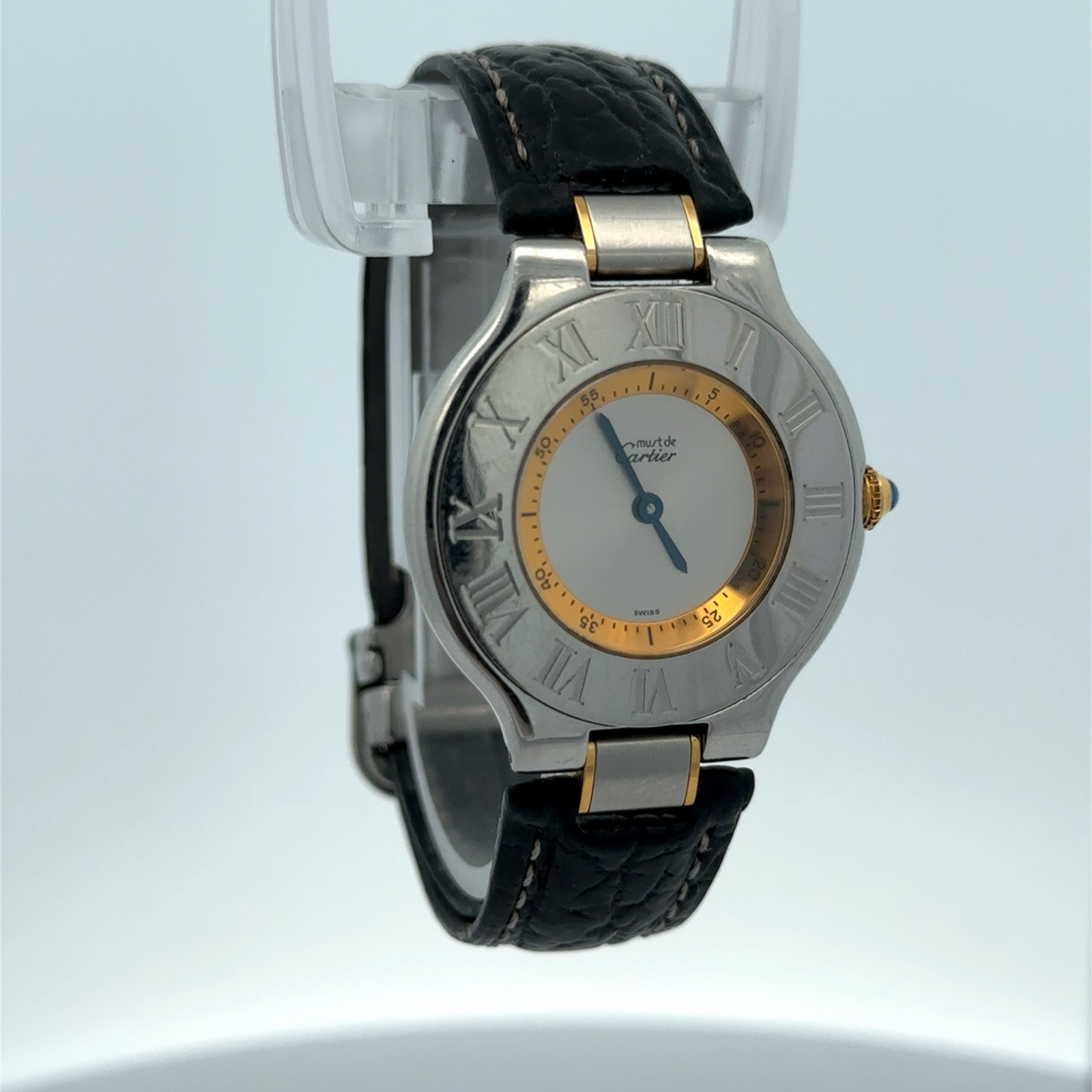 Cartier Must de Cartier 21 w/ Black Leather Band Stainless Steel Two Tone